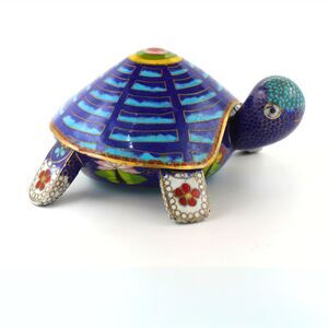 Vintage Cloisonné Turtle Trinket Box Blue Enamel Brass Figurine Lidded Shell